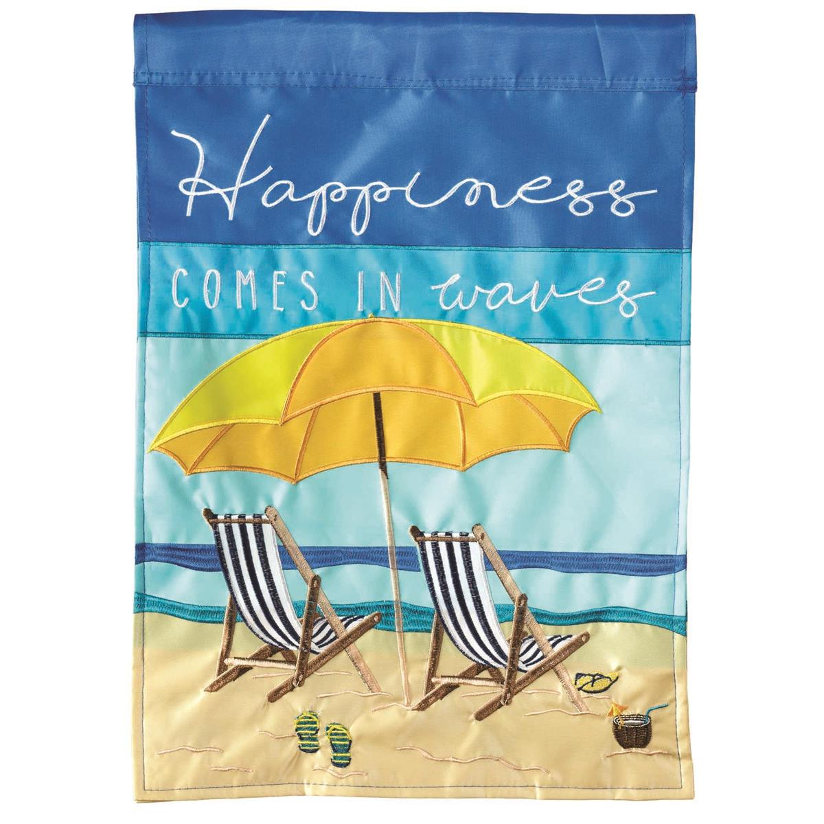 Beach Chairs Happiness 29x42 Flag featuring double applique design, durable polyester, and vibrant embroidery for beachy outdoor décor.