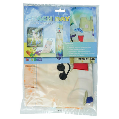 Beach Day 40-inch Illusion Windsock with vibrant beach-themed design and embroidered details, fluttering in a garden setting.