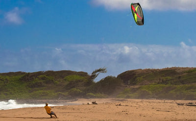 Large traction kite with convertible dual and quad-line control delivers serious pulling power for snow kiting, buggying, and landboarding.
