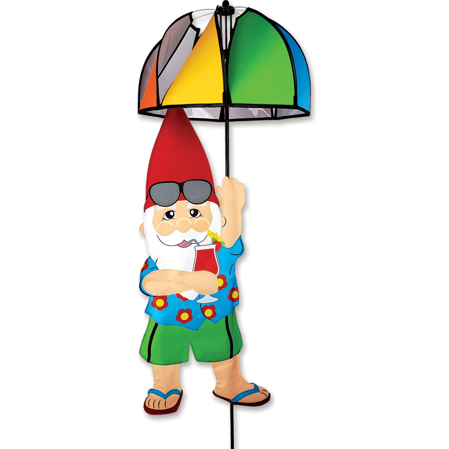 47-inch Beach Gnome Umbrella Spinner in vibrant colors, featuring a gnome under an umbrella, gently twirling in an outdoor garden setting.
