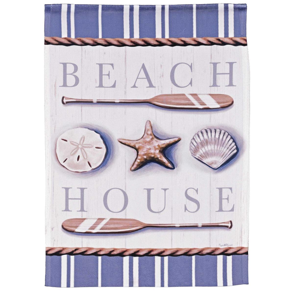 Beautiful Beach House Banner Flag in vibrant colors, measuring 30x44 inches, designed for outdoor display, showcasing a serene coastal theme.