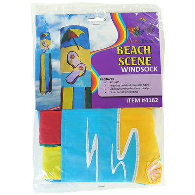 Colorful Beach Scene 40" Windsock with surfboards and whimsical tails on display, adding a coastal vibe to any outdoor setting.
