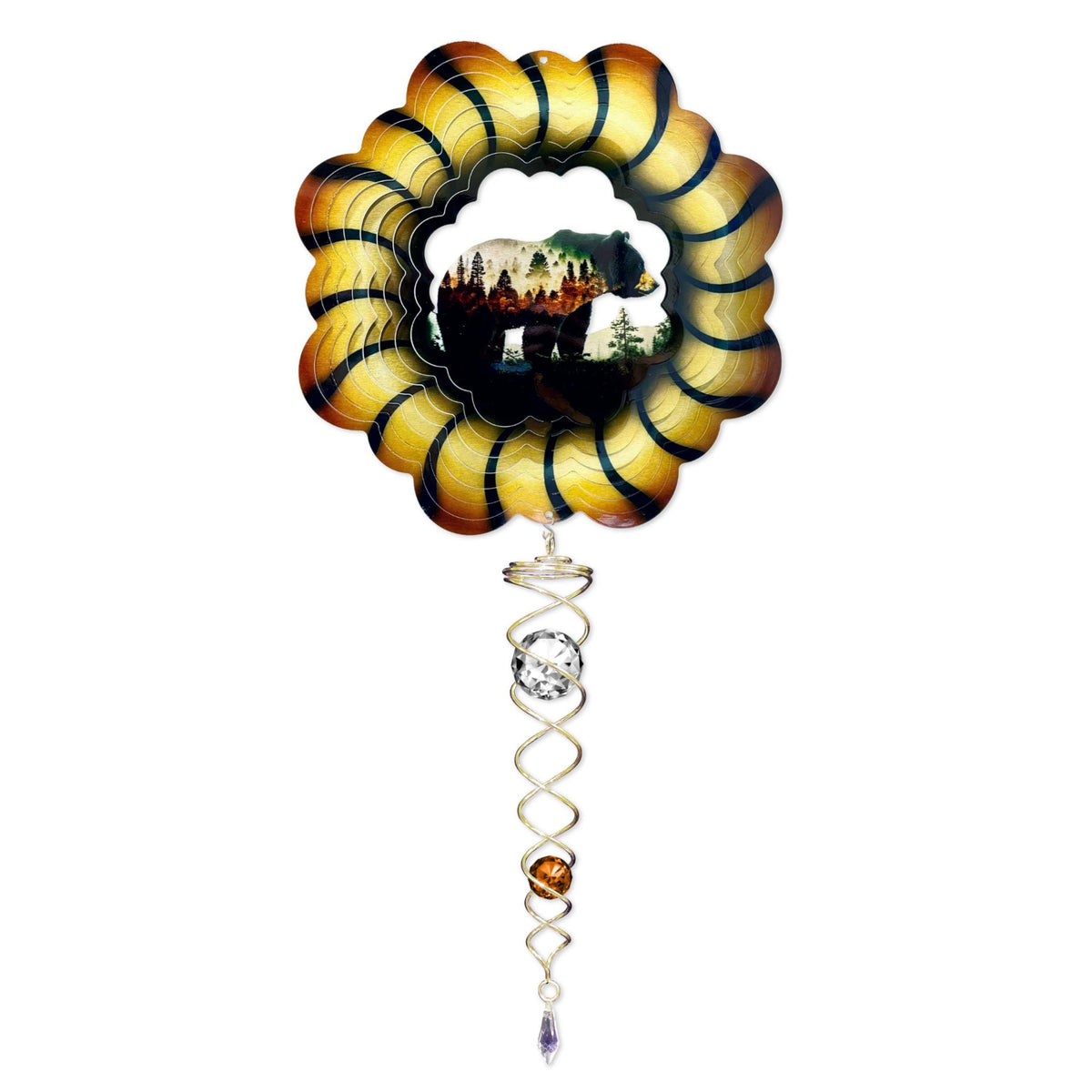 Bear Mini Set Wind Spinners showcasing a colorful 6.5-inch spinner and a dazzling 7.5-inch crystal twister, enhancing a vibrant outdoor setting.