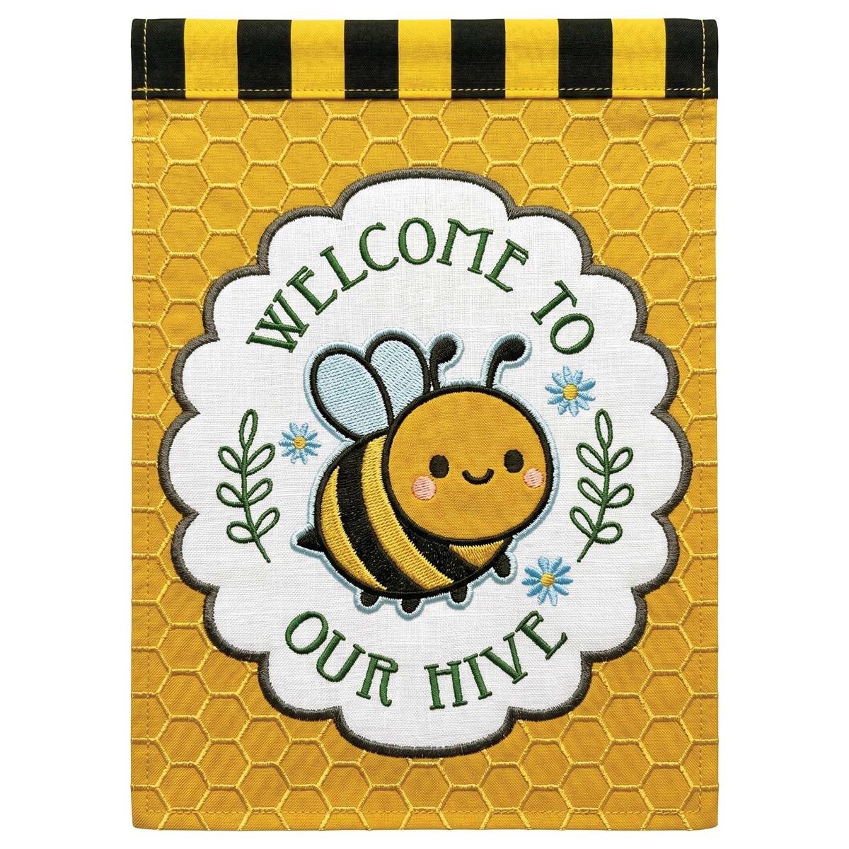 Visual representation of the Bee Welcome To Our Hive garden flag featuring a charming bee design, displaying vibrant colors in a garden setting.