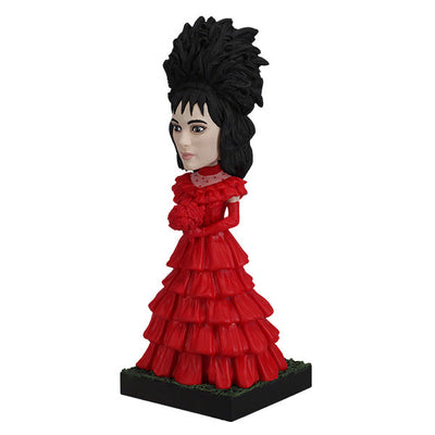 Beetlejuice Lydia Deetz Bobblehead standing 8.25 inches tall, featuring intricate details of her Red Wedding Dress, showcasing gothic elegance.