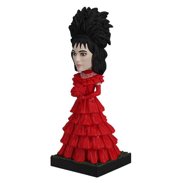 Beetlejuice Lydia Deetz Bobblehead standing 8.25 inches tall, featuring intricate details of her Red Wedding Dress, showcasing gothic elegance.