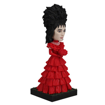 Beetlejuice Lydia Deetz Bobblehead standing 8.25 inches tall, featuring intricate details of her Red Wedding Dress, showcasing gothic elegance.