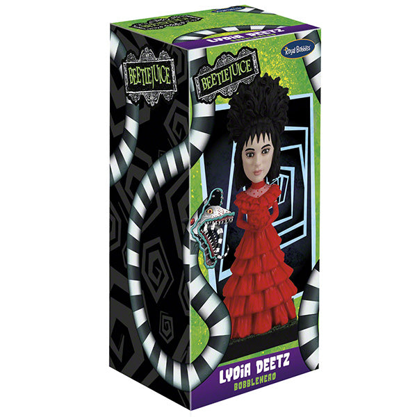 Beetlejuice Lydia Deetz Bobblehead standing 8.25 inches tall, featuring intricate details of her Red Wedding Dress, showcasing gothic elegance.