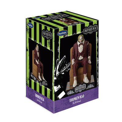Beetlejuice Shrunken Head Bobblehead, capturing the iconic character with vibrant colors and fine detail, showcased in a collector's box.