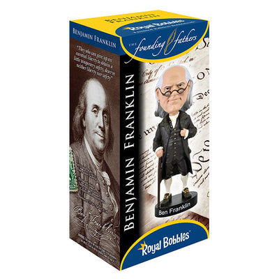 Ben Franklin V2 bobblehead, an 8-inch lifelike representation of the Founding Father, beautifully hand-painted in a detailed collector's box.