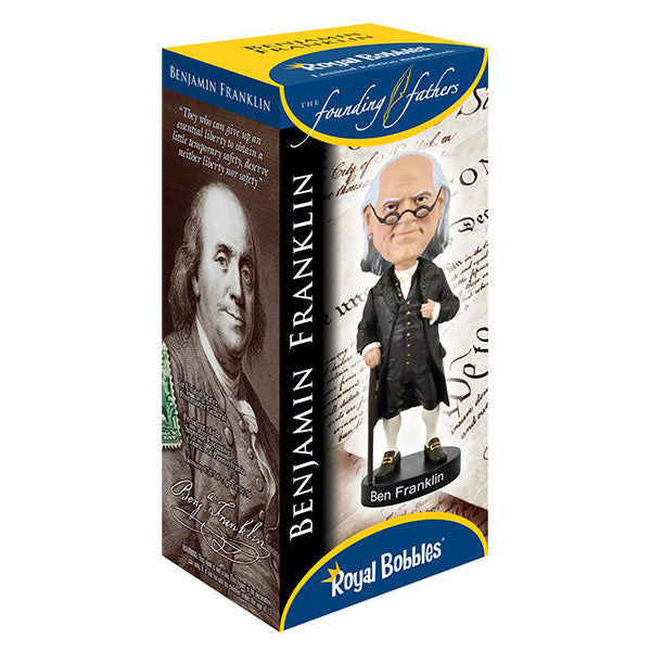 Ben Franklin V2 bobblehead, an 8-inch lifelike representation of the Founding Father, beautifully hand-painted in a detailed collector's box.
