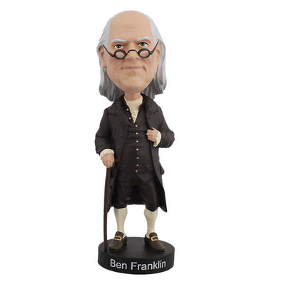Ben Franklin V2 bobblehead, an 8-inch lifelike representation of the Founding Father, beautifully hand-painted in a detailed collector's box.