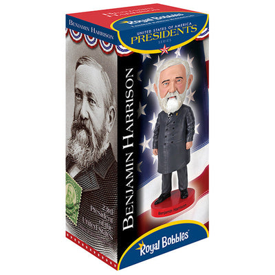 8-inch Benjamin Harrison bobblehead made of polyresin, beautifully hand-painted, capturing the likeness of the 23rd President of the United States.
