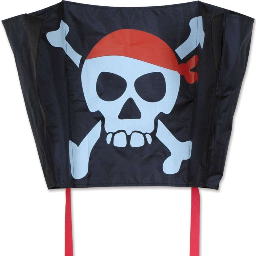 Big Back Pack Sled Kite - Pirate design, measuring 18 x 12.75 inches, soaring in the sky during a sunny outdoor playtime.