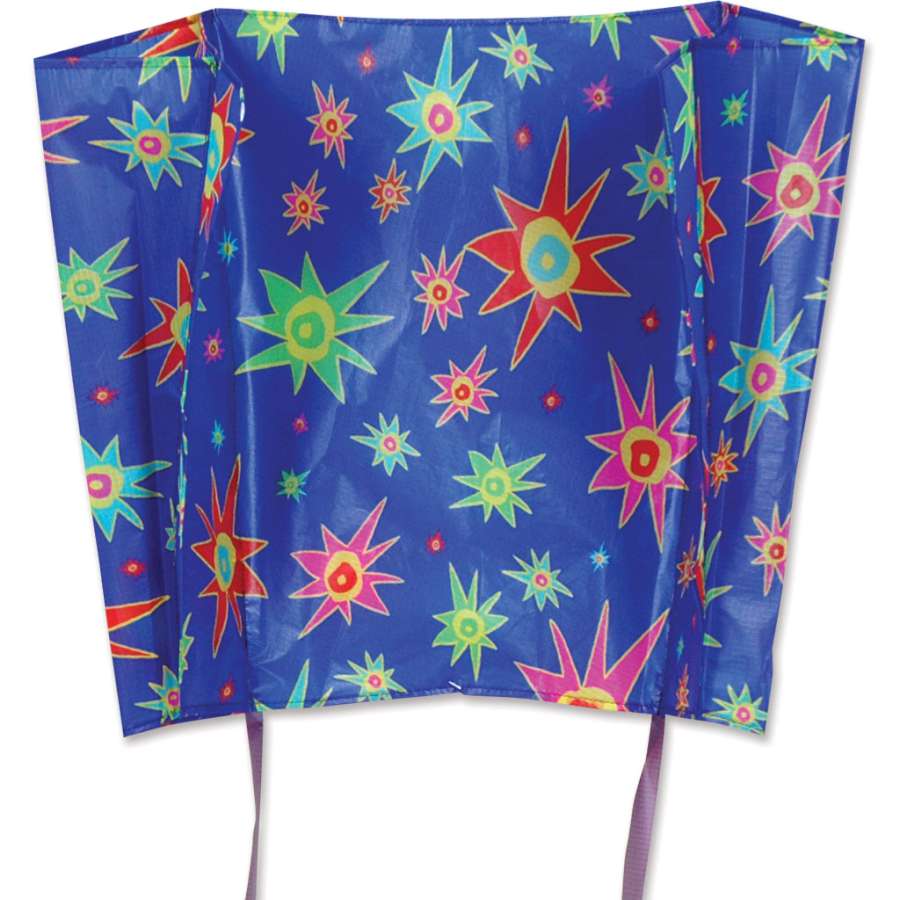 Big Back Pack Sled Kite - Starburst, measuring 18x12.75 inches, showcasing colorful starburst design in outdoor flight with line attached.