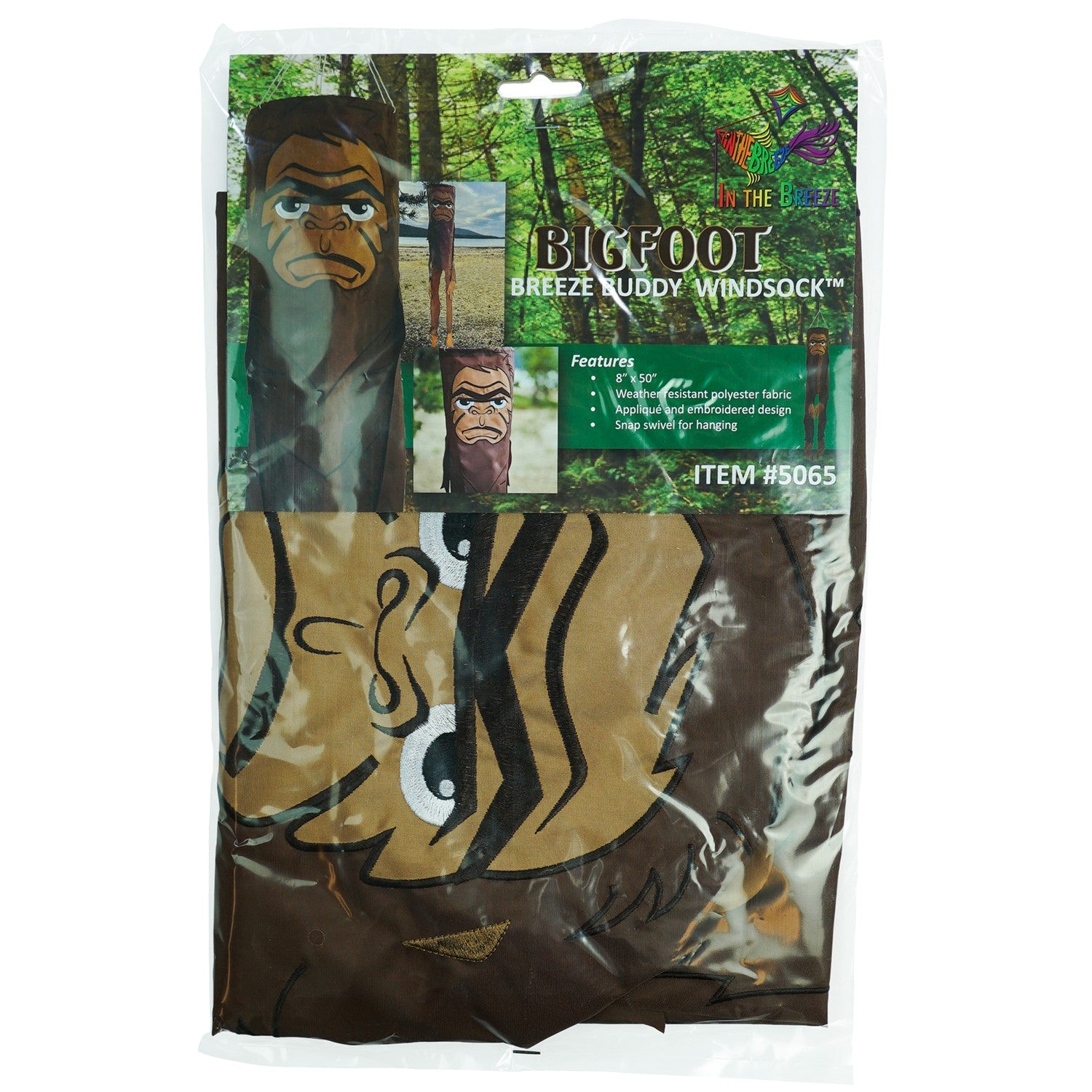 Bigfoot 50" Breeze Buddy windsock swaying in the outdoor breeze, showing its playful design and embroidered details, perfect for outdoor decor.