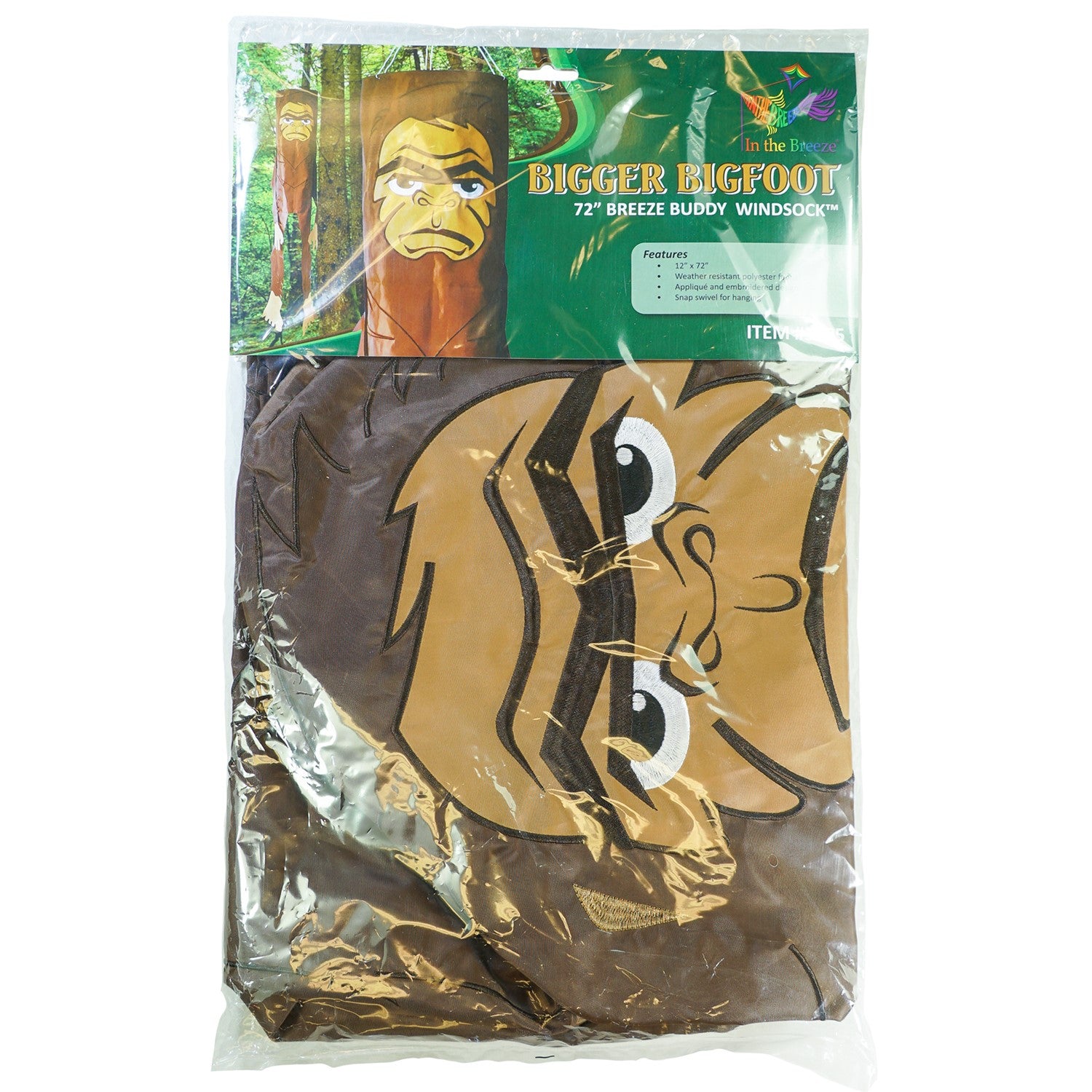 Bigger Bigfoot 72-inch Breeze Buddy, a life-sized Sasquatch windsock made of colorful weather-resistant polyester, swaying in the breeze.
