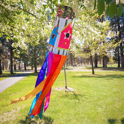 Birdhouse Garden 40-inch windsock with colorful designs of birdhouses and free-flowing tails fluttering in the wind, adding charm to any garden.