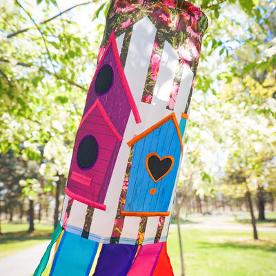Birdhouse Garden 40-inch windsock with colorful designs of birdhouses and free-flowing tails fluttering in the wind, adding charm to any garden.