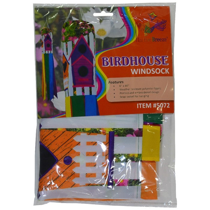 Birdhouse Garden 40-inch windsock with colorful designs of birdhouses and free-flowing tails fluttering in the wind, adding charm to any garden.