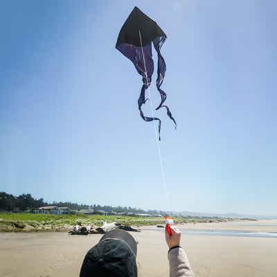 Black 77" Wave Delta Kite soaring in the sky with long flowing tails, perfect for family enjoyment and easy to fly outdoor fun.