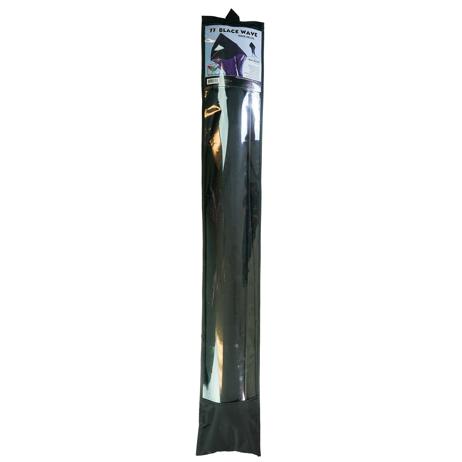 Black 77" Wave Delta Kite soaring in the sky with long flowing tails, perfect for family enjoyment and easy to fly outdoor fun.