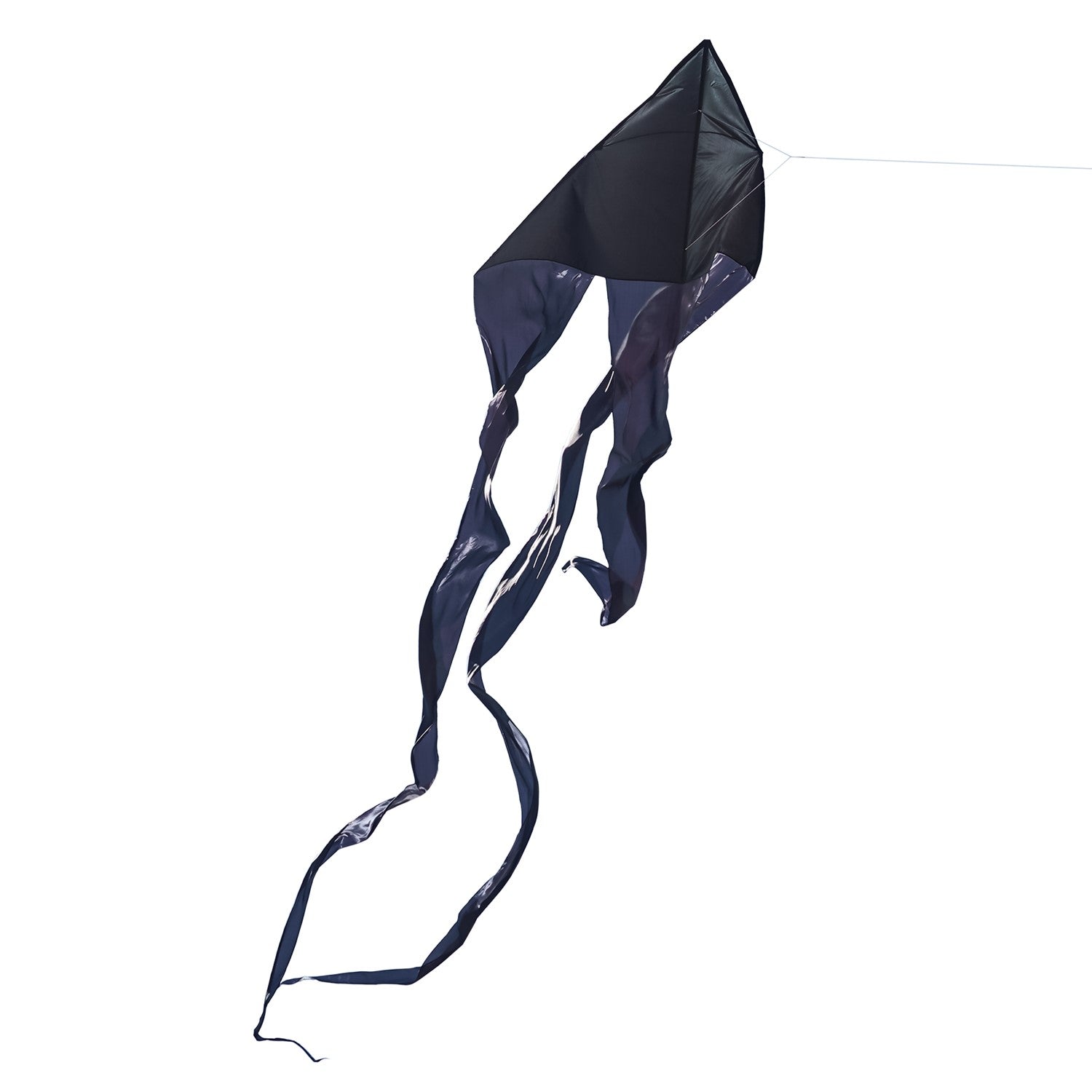 Black 77" Wave Delta Kite soaring in the sky with long flowing tails, perfect for family enjoyment and easy to fly outdoor fun.