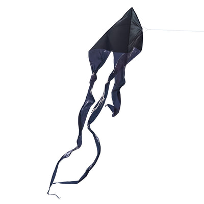 Black 77" Wave Delta Kite soaring in the sky with long flowing tails, perfect for family enjoyment and easy to fly outdoor fun.