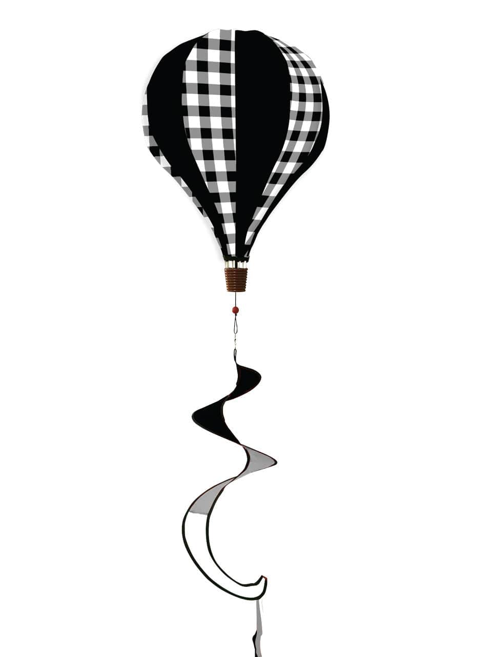 Farmhouse-style hot air balloon spinner with burlap-look polyester, buffalo plaid design, and durable spinning motion for classic outdoor décor.