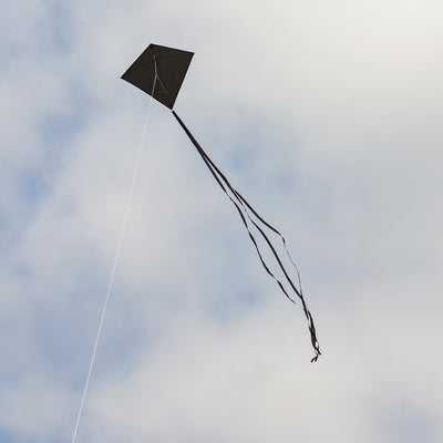 Black Colorfly 30" Diamond Kite soaring high with colorful tails in a clear blue sky, perfect for family fun.