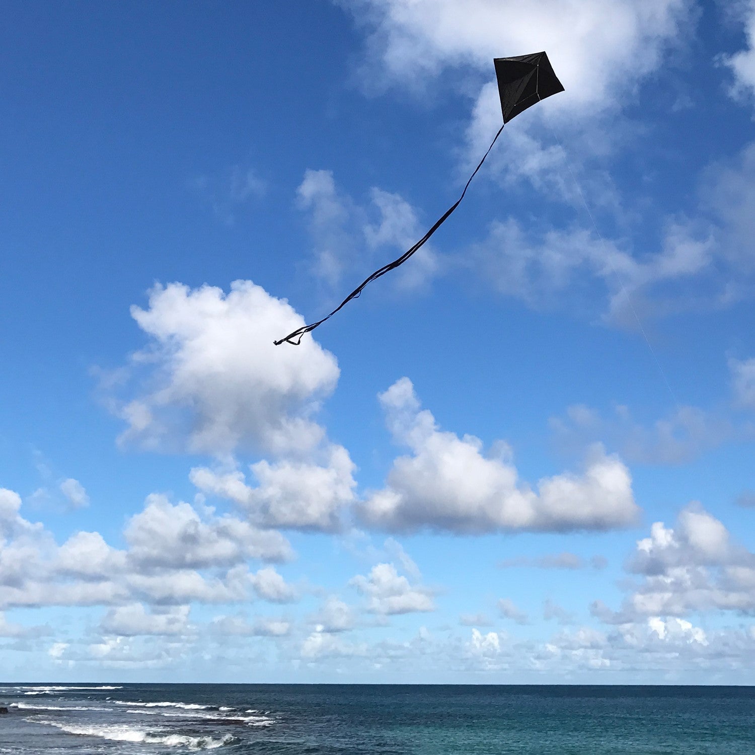 Black Colorfly 30" Diamond Kite soaring high with colorful tails in a clear blue sky, perfect for family fun.