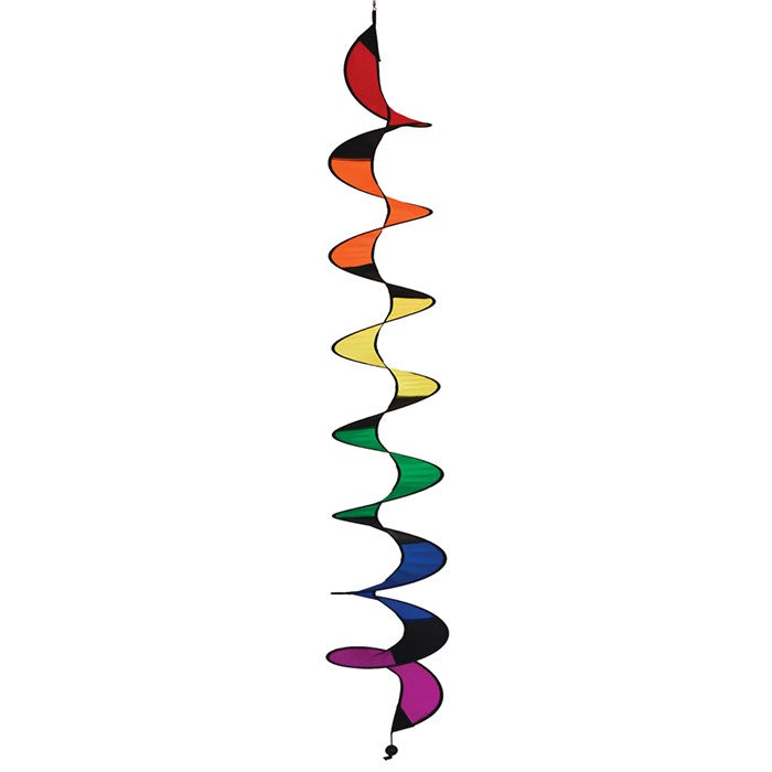 Black Rainbow 60" Curlie with vibrant colors and black sections spinning in the wind, showcasing its eye-catching outdoor design.