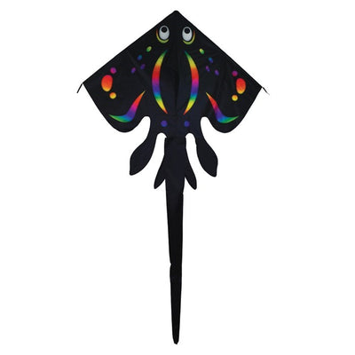 Black Stingray Kite soaring high with a 6-foot wingspan and beautiful applique design against a clear blue sky.