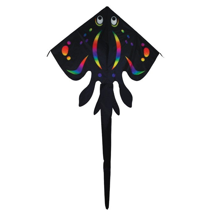 Black Stingray Kite soaring high with a 6-foot wingspan and beautiful applique design against a clear blue sky.