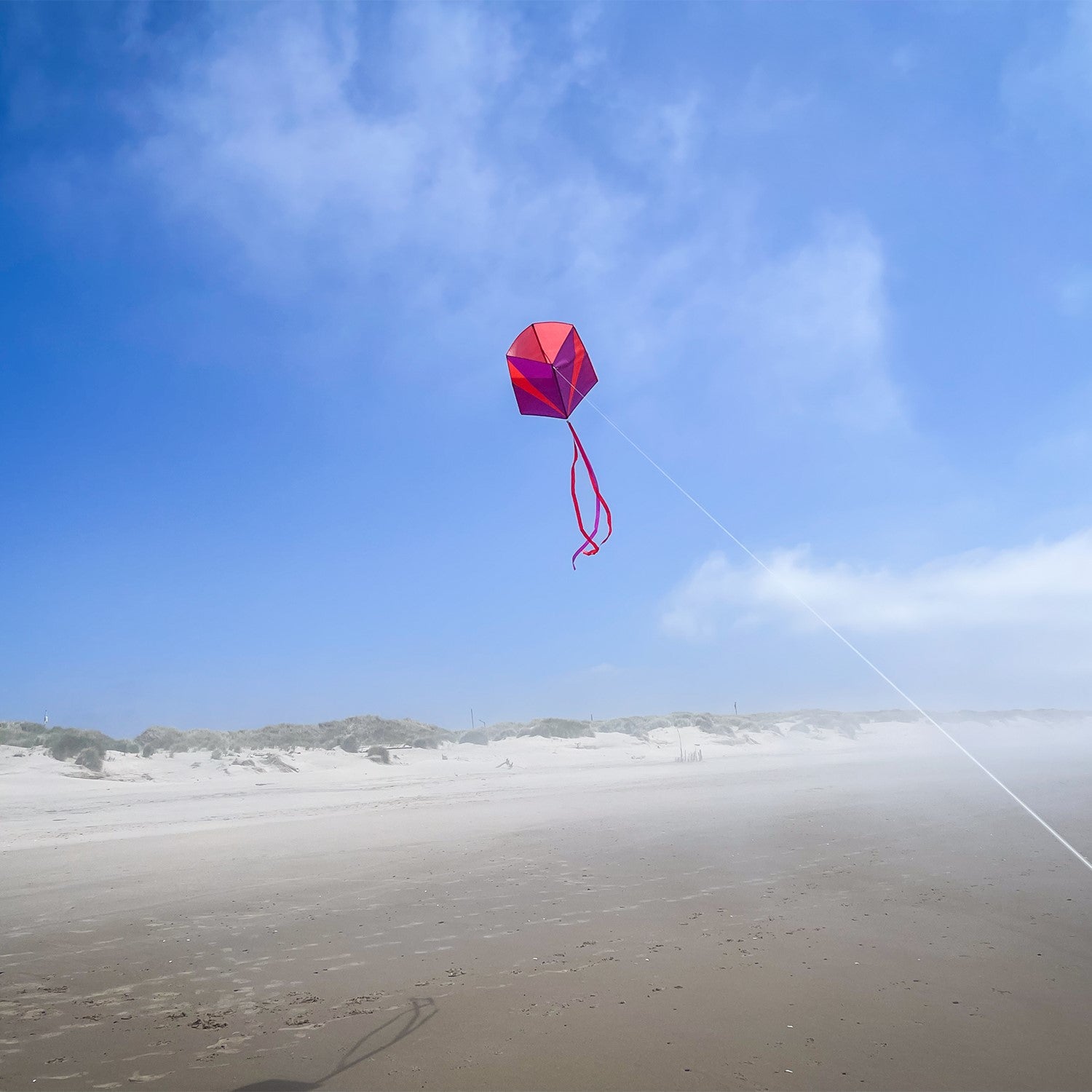 Blaze Single Box Kite in vibrant colors soaring high against a clear sky, showcasing its easy-flying design and color-coordinated tails.