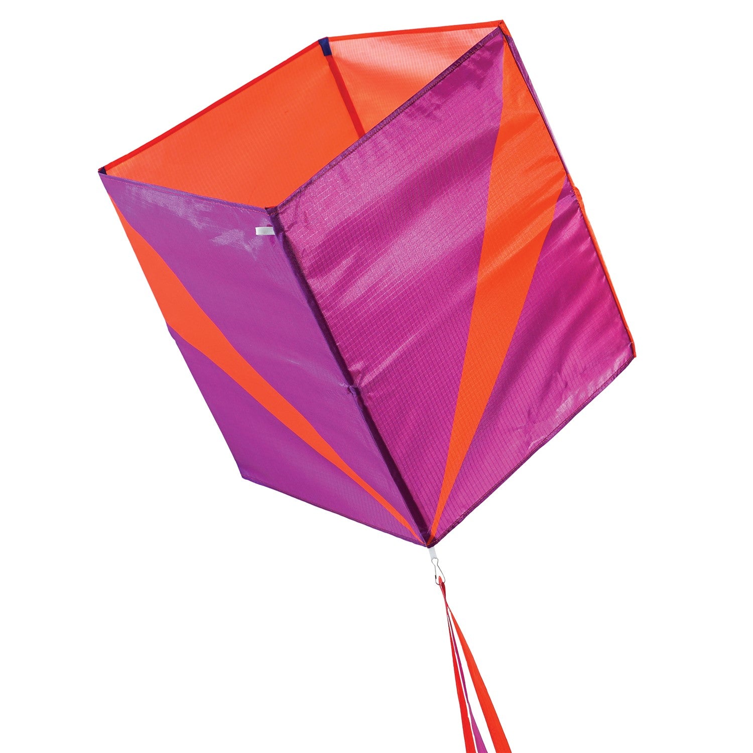 Blaze Single Box Kite in vibrant colors soaring high against a clear sky, showcasing its easy-flying design and color-coordinated tails.