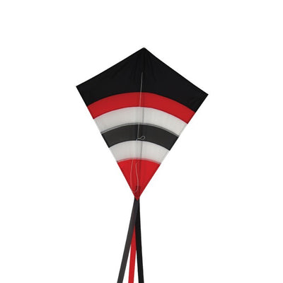 Blazer Arch 27" Diamond Kite with colorful arcs displayed against a blue sky, showcasing its vibrant design and tails.