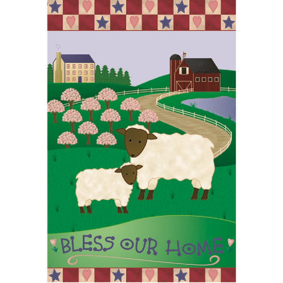 12 in. garden flag featuring the Bless Our Home design with colorful animal motifs decorated in a garden setting.