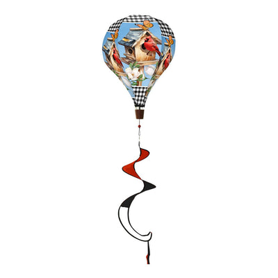 Inspirational cardinal hot air balloon spinner with vivid red birds, spiritual message, and smooth motion for uplifting outdoor home and garden décor.