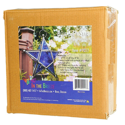 Blue 5-Point Star Hanging Tealight Lantern with textured glass panels and metal frame, suspended elegantly with a chain in an outdoor setting.