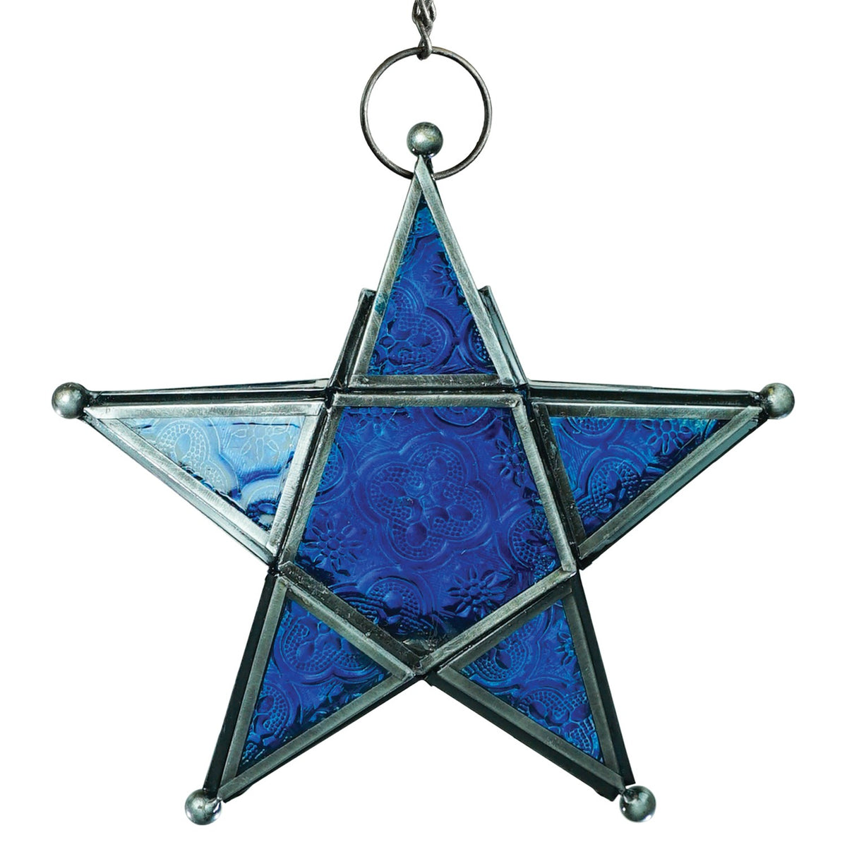 Blue 5-Point Star Hanging Tealight Lantern with textured glass panels and metal frame, suspended elegantly with a chain in an outdoor setting.