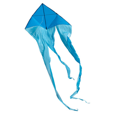 Blue 77" Wave Delta Kite soaring in the sky with long, flowing taffeta tails in a sunny outdoor setting.