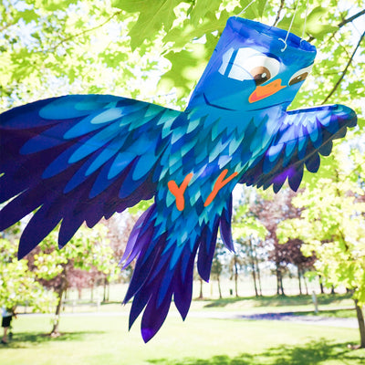 Colorful Blue Bird Windsock hanging from a pole, featuring spreading wings and vibrant design, swaying gently in the breeze.
