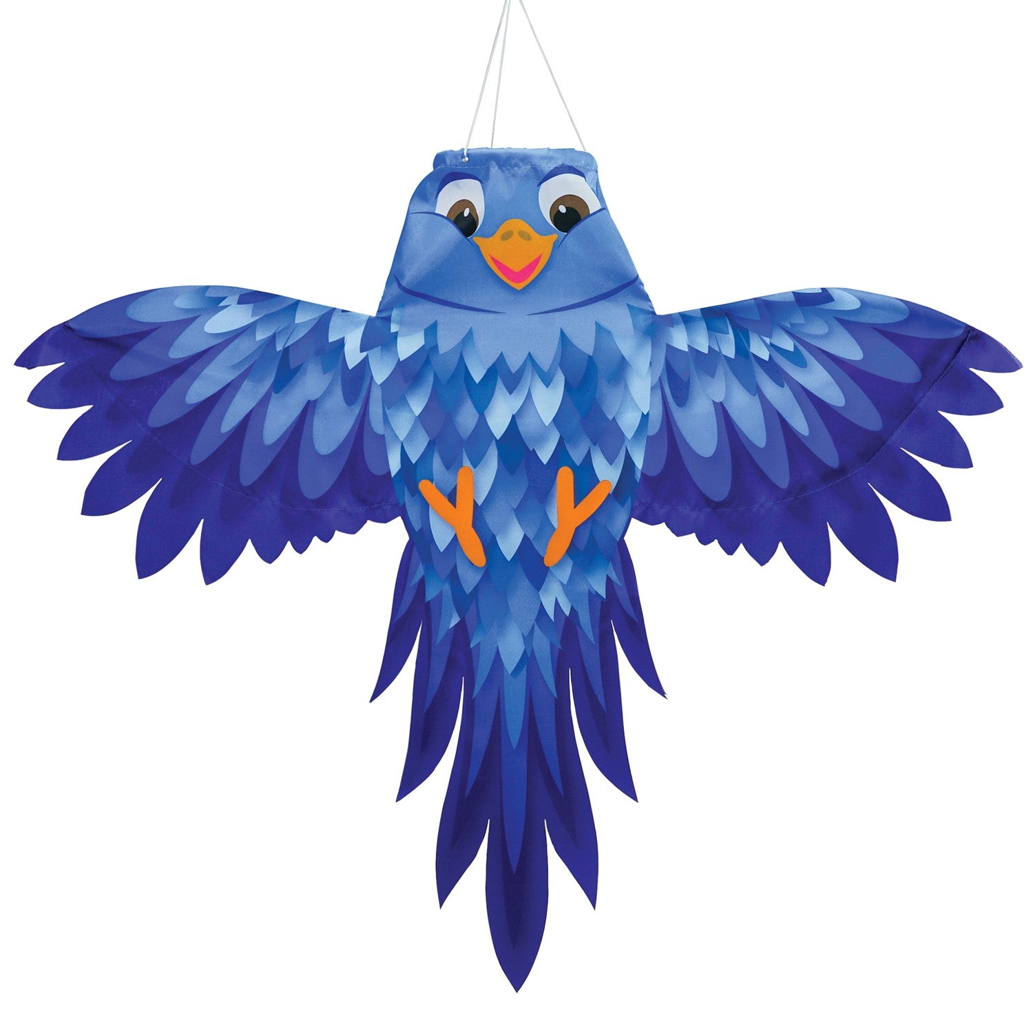 Colorful Blue Bird Windsock hanging from a pole, featuring spreading wings and vibrant design, swaying gently in the breeze.