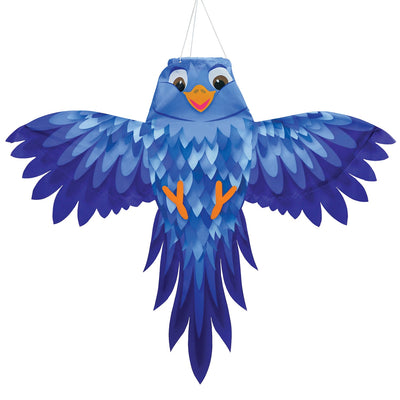 Colorful Blue Bird Windsock hanging from a pole, featuring spreading wings and vibrant design, swaying gently in the breeze.