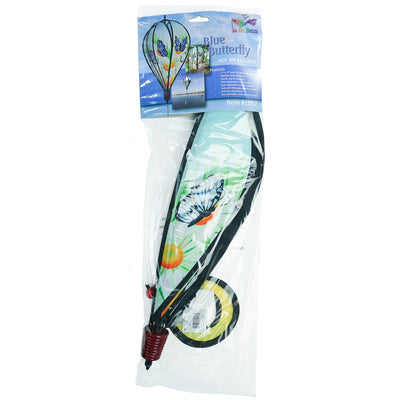 Colorful Blue Butterfly Hot Air Balloon spinner with butterfly design and daisies, displayed outdoors, showcasing movement in a garden setting.