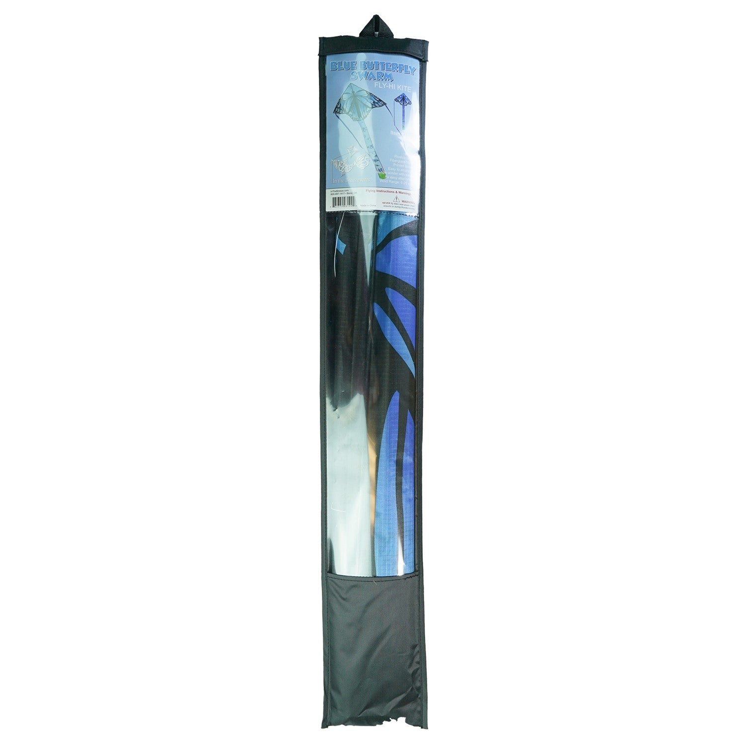 Blue Butterfly Swarm 45 inch Fly-Hi Kite soaring in the sky, showcasing a vibrant blue karner butterfly design with streamer tails.