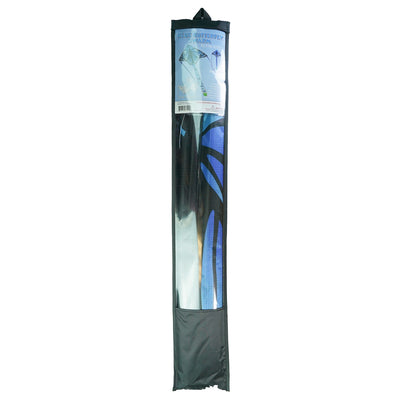 Blue Butterfly Swarm 45 inch Fly-Hi Kite soaring in the sky, showcasing a vibrant blue karner butterfly design with streamer tails.