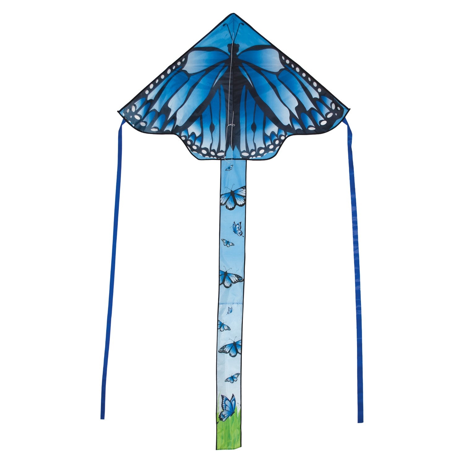Blue Butterfly Swarm 45 inch Fly-Hi Kite soaring in the sky, showcasing a vibrant blue karner butterfly design with streamer tails.