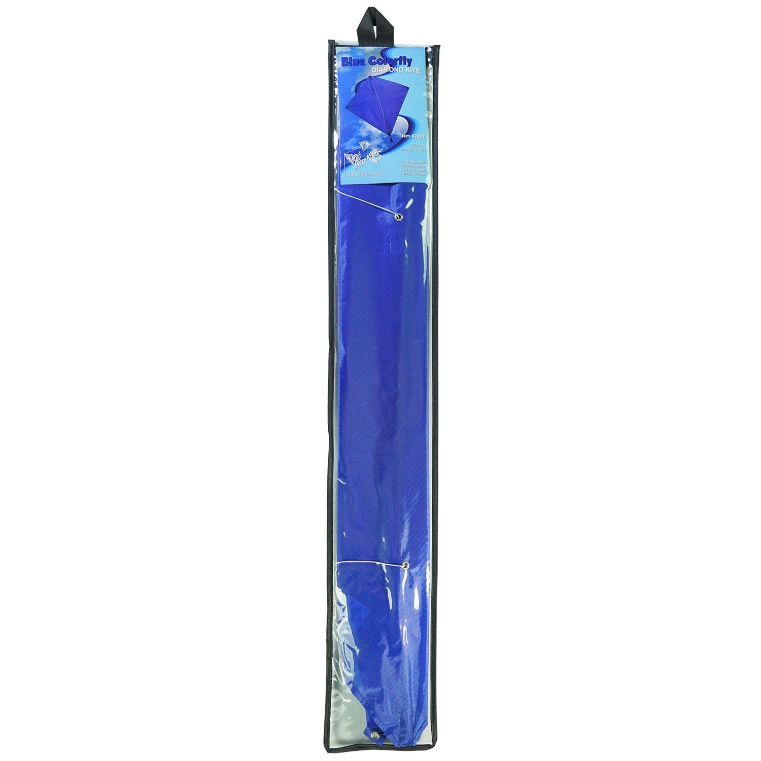 Blue Colorfly 30-inch Diamond Kite with three tails soaring against a clear blue sky, showcasing its vibrant color and durable design.